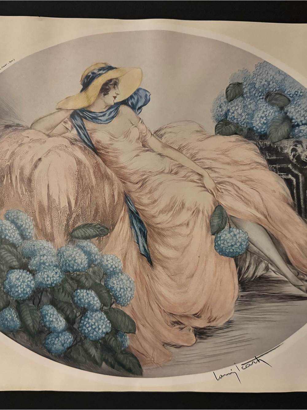 Sepia-Peach Lady with Blue Hydrangeas Art Print